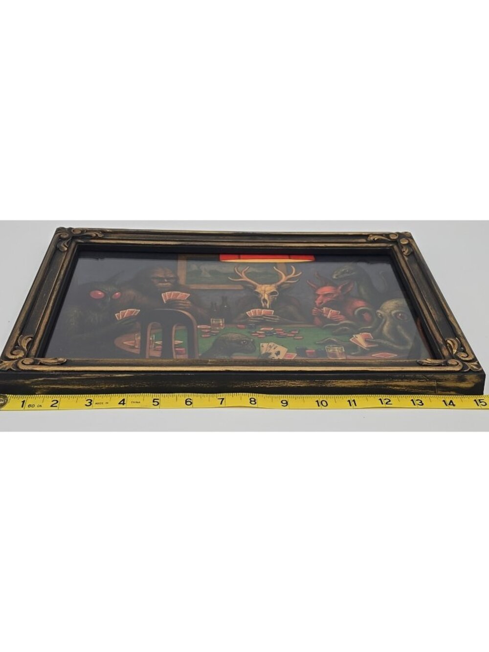 OOAK Framed Print Creepy Ephemera Cryptids Playing Poker Bigfoot Mothman 15.25" - Picture 3 of 6